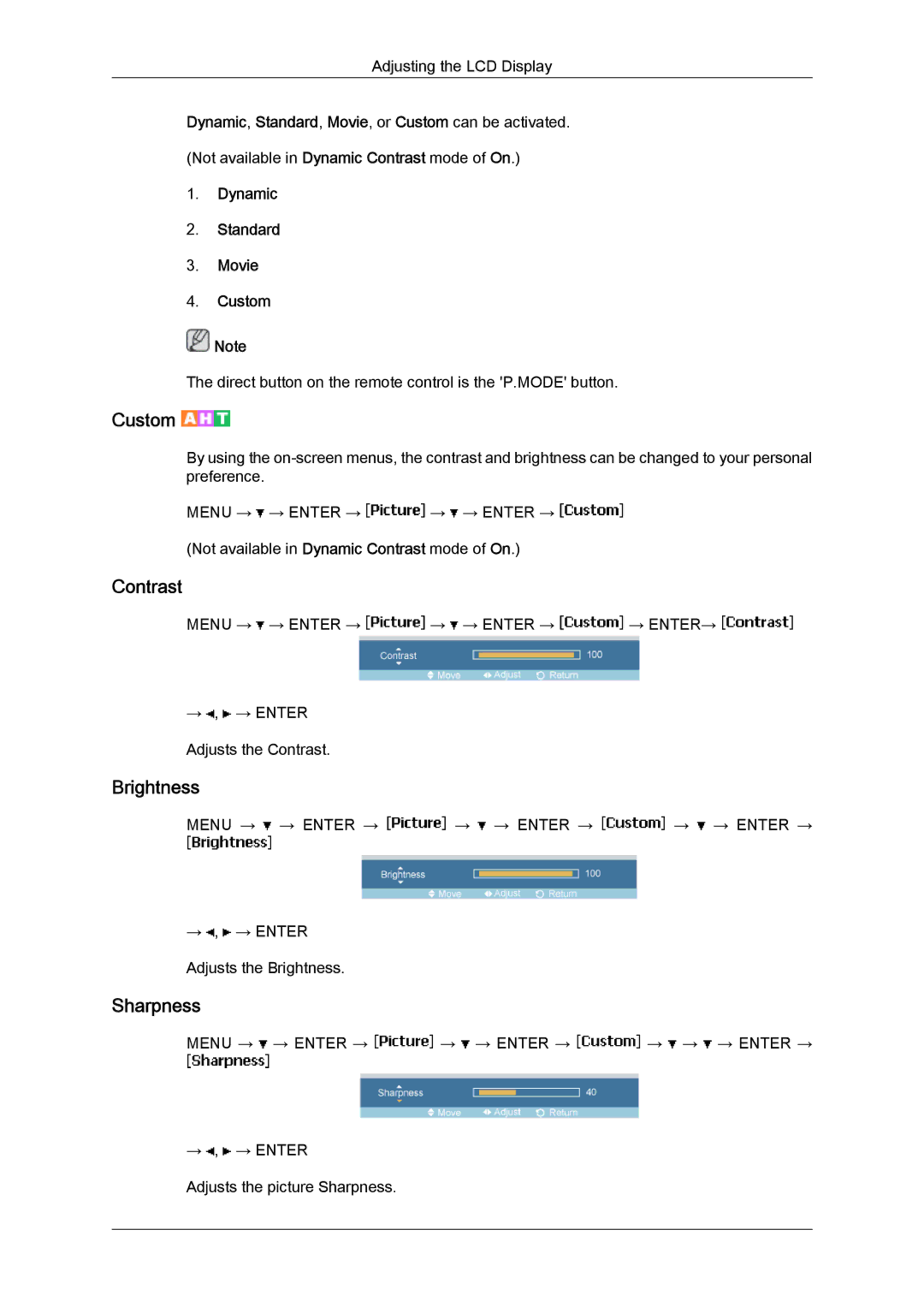 Samsung LH46MVTLBB/XY, LH46MVTLBN/EN, LH46MVQLBB/EN, LH46MVULBB/EN, LH46MVPLBB/EN manual Dynamic Standard Movie Custom 