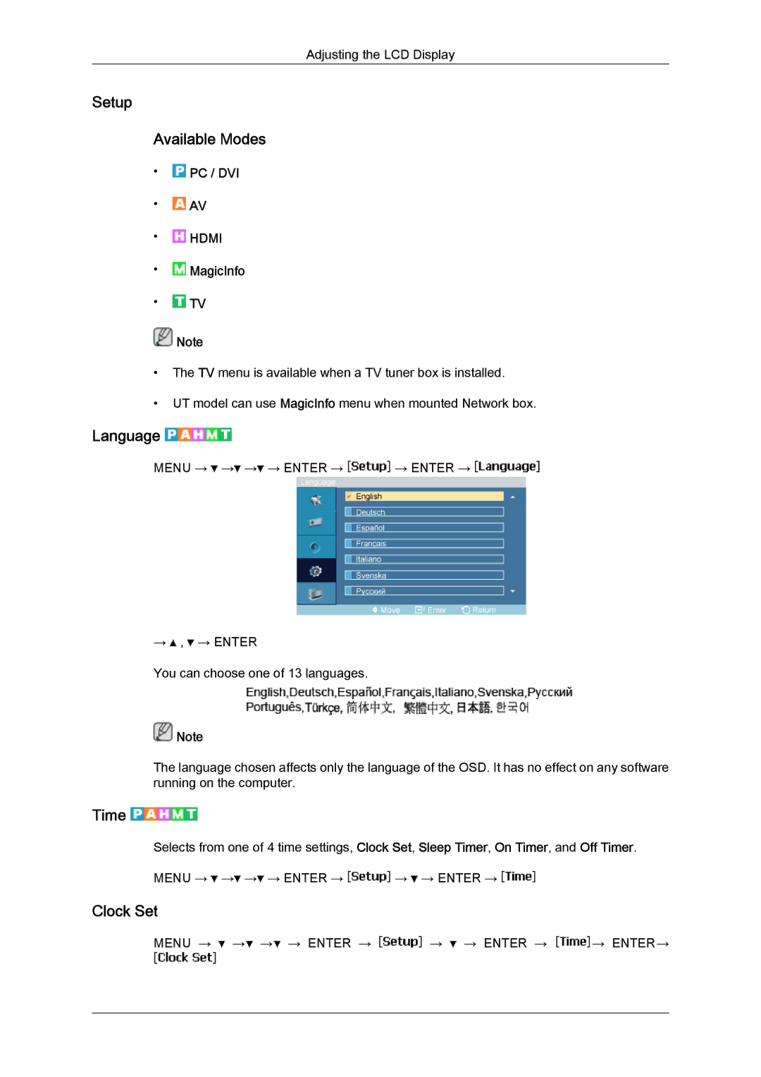 Samsung LH46MVTLBB/EN, LH46MVTLBN/EN, LH46MVQLBB/EN, LH46MVULBB/EN manual Setup Available Modes, Language, Time, Clock Set 