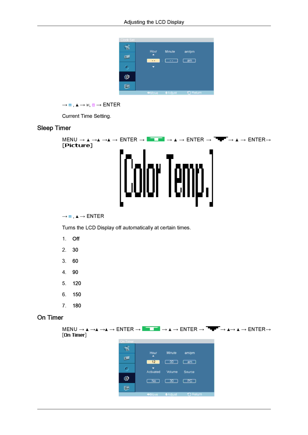 Samsung LH46MVTLBN/XY, LH46MVTLBN/EN, LH46MVQLBB/EN, LH46MVULBB/EN, LH46MVPLBB/EN, LH46MVTLBB/EN manual Sleep Timer, On Timer 