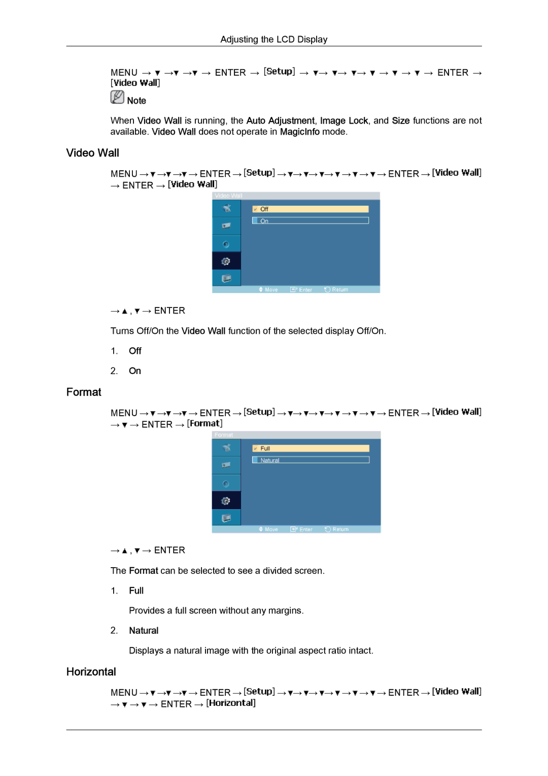 Samsung LH46MVTLBB/XY, LH46MVTLBN/EN, LH46MVQLBB/EN, LH46MVULBB/EN, LH46MVPLBB/EN manual Format, Horizontal, Full, Natural 