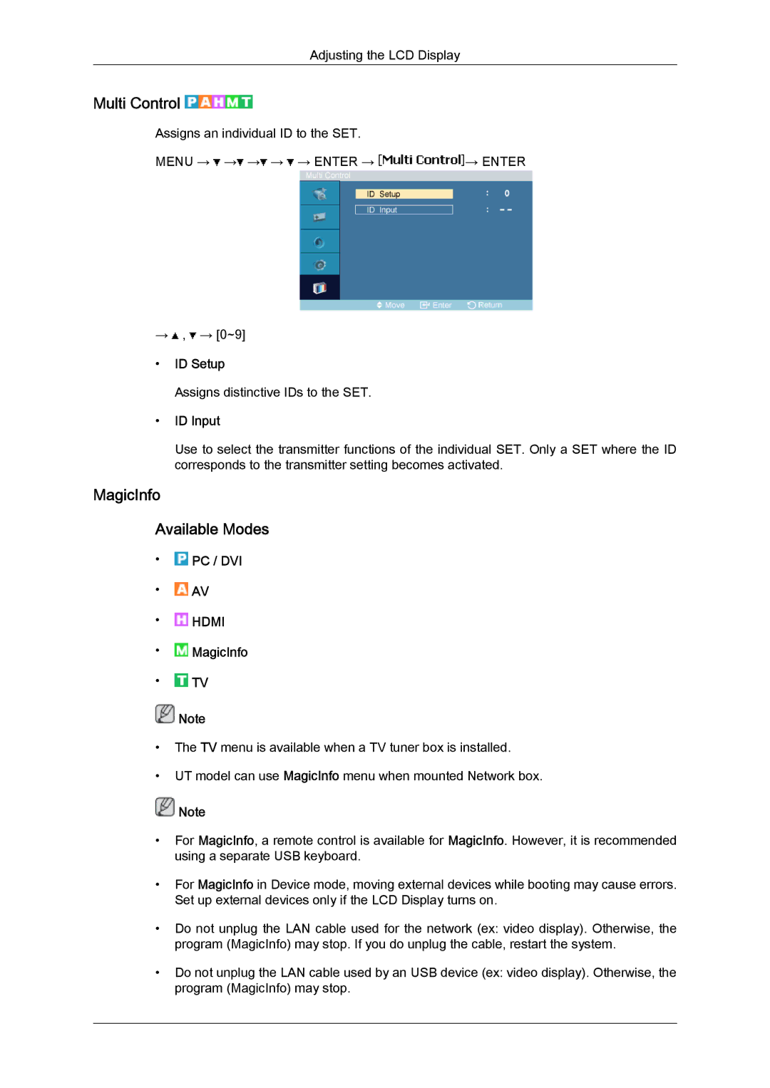 Samsung LH46MVULBB/XY, LH46MVTLBN/EN, LH46MVQLBB/EN manual Multi Control, MagicInfo Available Modes, ID Setup, ID Input 