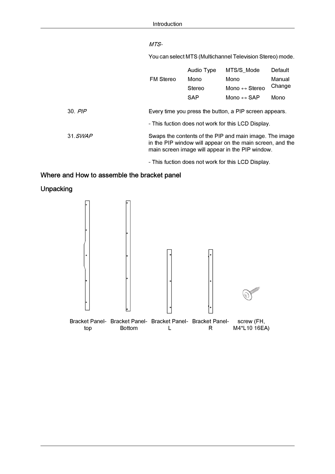 Samsung LH46MVTLBN/EN, LH46MVQLBB/EN, LH46MVULBB/EN manual Where and How to assemble the bracket panel Unpacking, Mts, Sap 