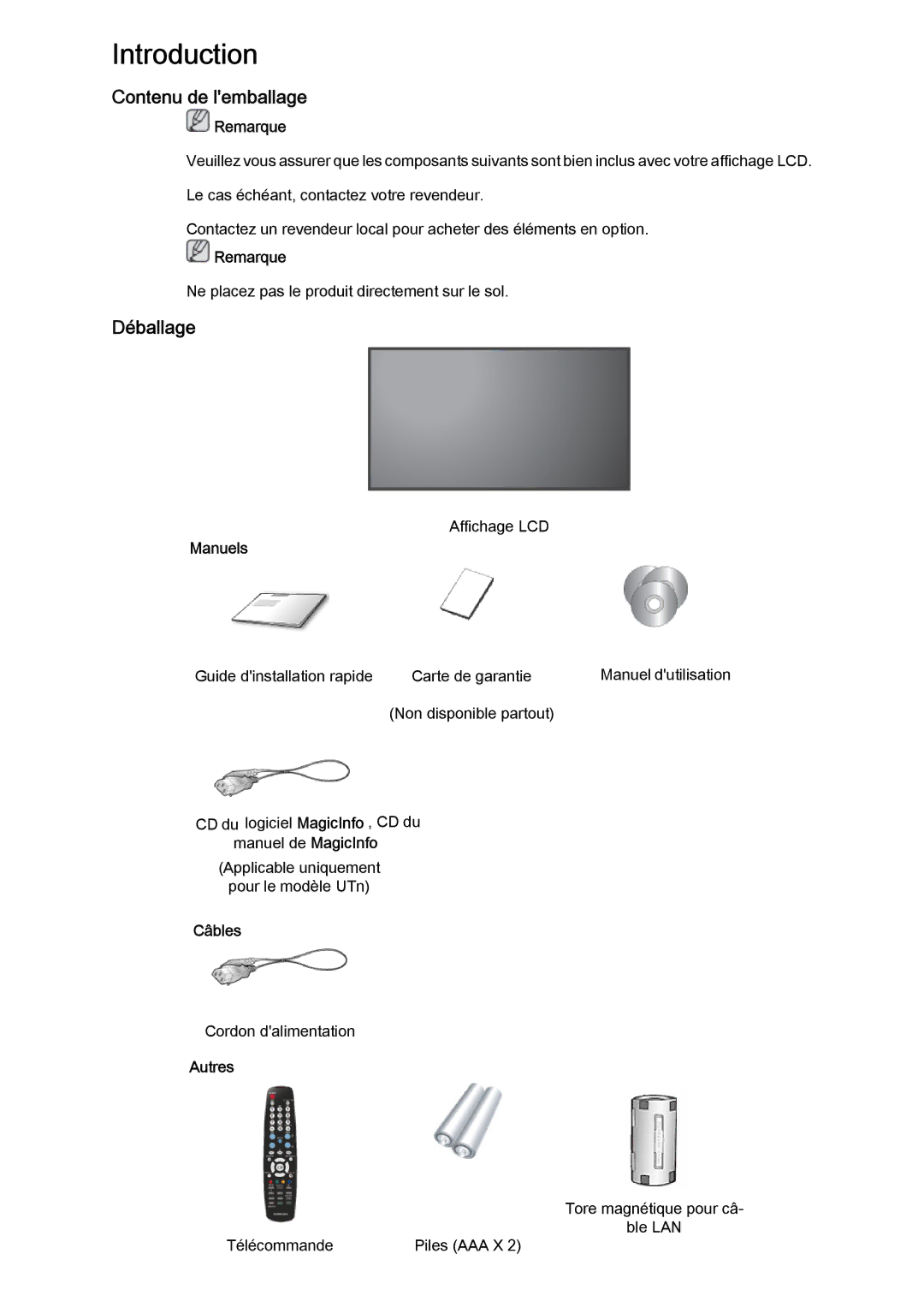 Samsung LH46MVTLBN/EN, LH46MVQLBB/EN, LH46MVULBB/EN, LH46MVPLBB/EN Contenu de lemballage, Déballage, Manuels, Câbles, Autres 