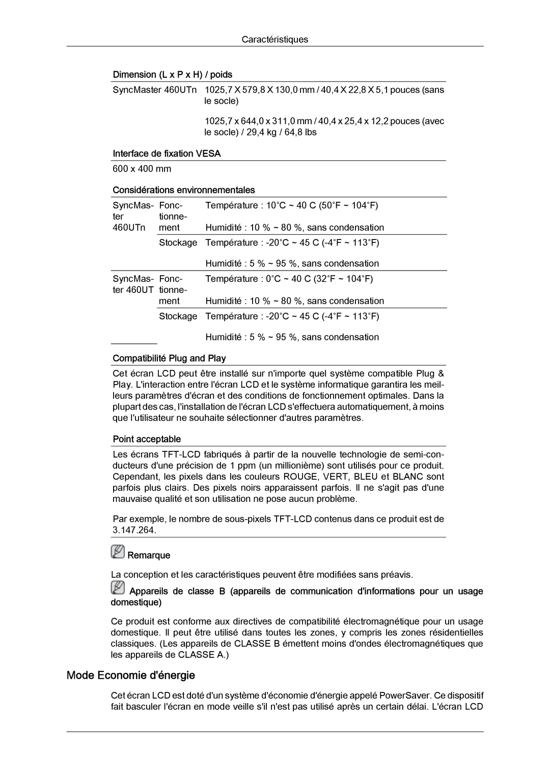 Samsung LH46MVQLBB/EN, LH46MVTLBN/EN Mode Economie dénergie, Interface de fixation Vesa, Considérations environnementales 