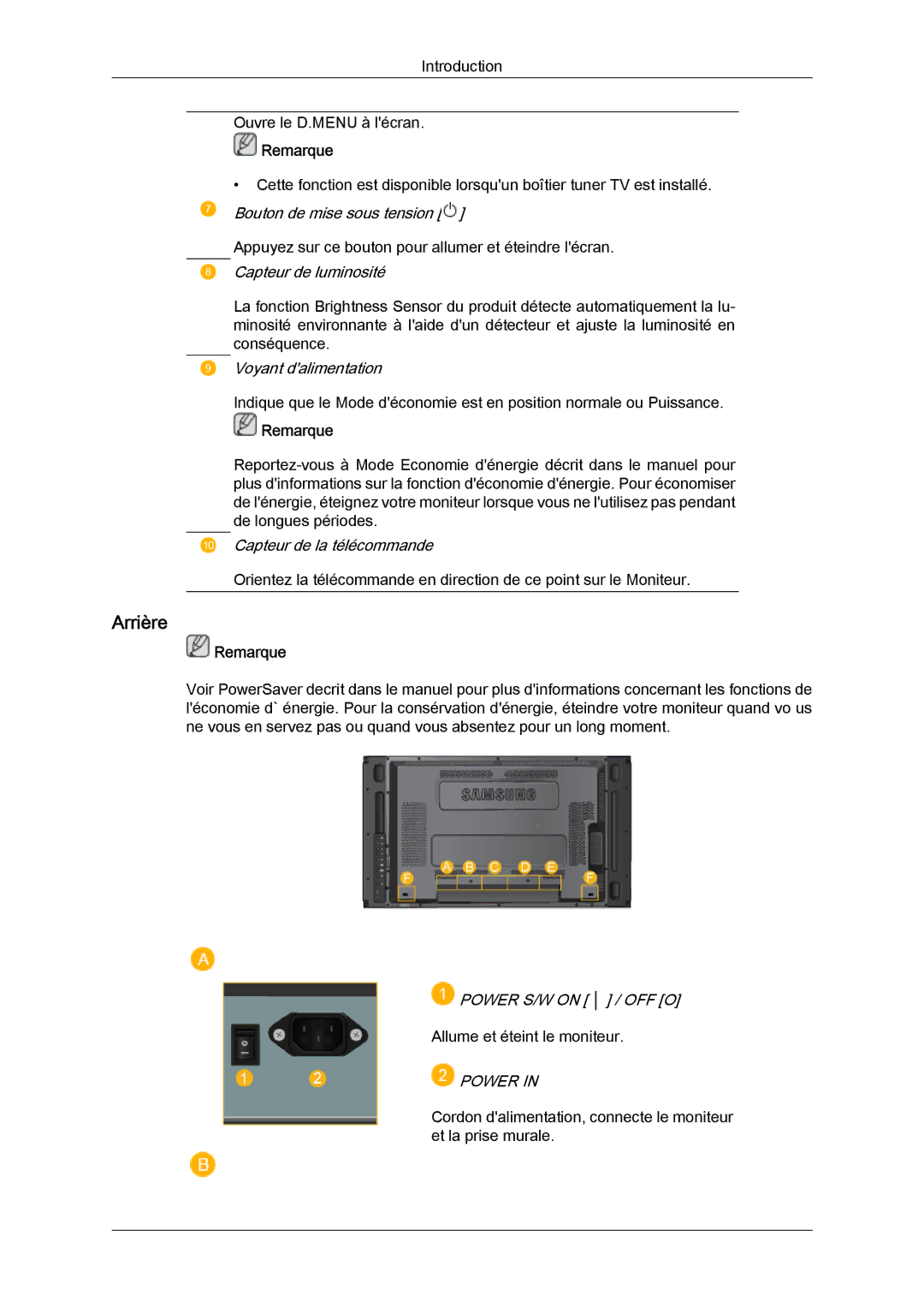 Samsung LH46MVPLBB/EN, LH46MVTLBN/EN, LH46MVQLBB/EN, LH46MVULBB/EN, LH46MVTLBB/EN manual Arrière, Capteur de luminosité 