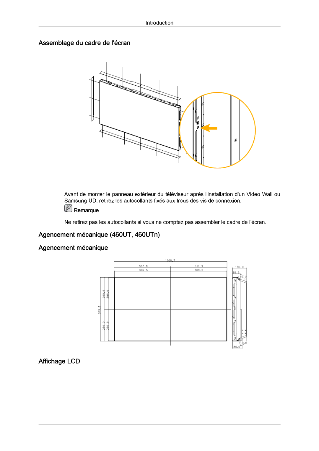 Samsung LH46MVTLBN/EN, LH46MVQLBB/EN manual Assemblage du cadre de lécran, Agencement mécanique 460UT, 460UTn Affichage LCD 