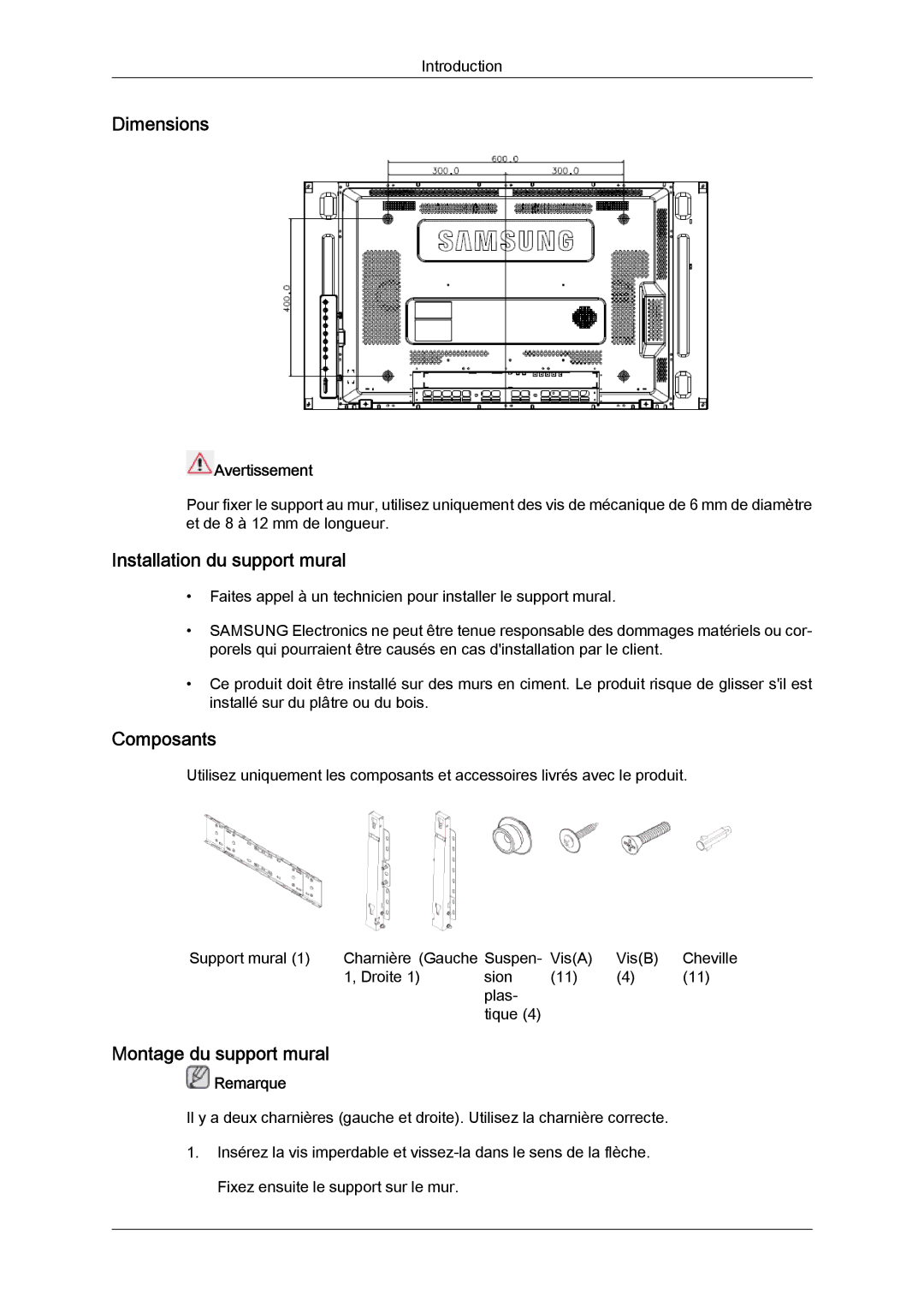 Samsung LH46MVULBB/EN manual Dimensions, Installation du support mural, Composants, Montage du support mural, Avertissement 