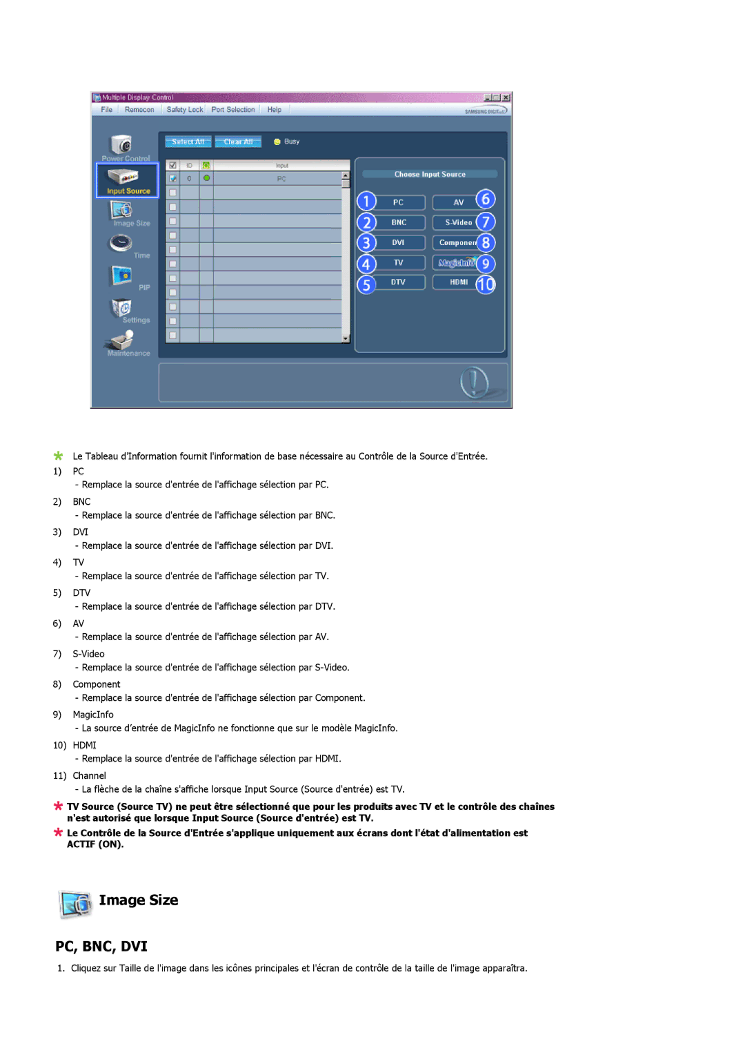 Samsung LH46MVQLBB/EN, LH46MVTLBN/EN, LH46MVULBB/EN, LH46MVPLBB/EN, LH46MVTLBB/EN manual Image Size, Pc, Bnc, Dvi 