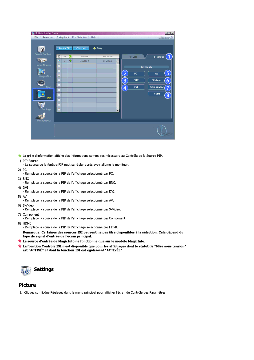 Samsung LH46MVQLBB/EN, LH46MVTLBN/EN, LH46MVULBB/EN, LH46MVPLBB/EN, LH46MVTLBB/EN manual Settings Picture 