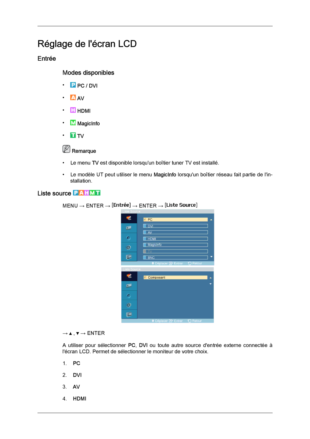 Samsung LH46MVTLBN/EN, LH46MVQLBB/EN, LH46MVULBB/EN Entrée Modes disponibles, Liste source, Pc / Dvi, MagicInfo Remarque 