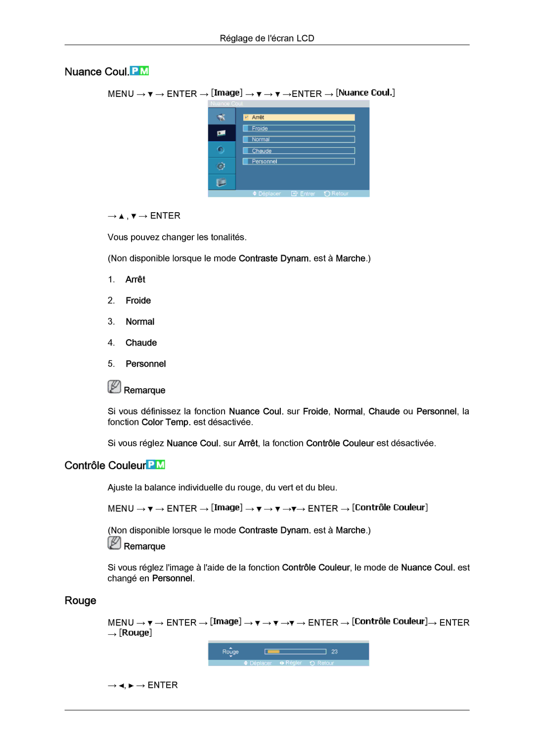 Samsung LH46MVTLBB/EN, LH46MVTLBN/EN Nuance Coul, Contrôle Couleur, Rouge, Arrêt Froide Normal Chaude Personnel Remarque 