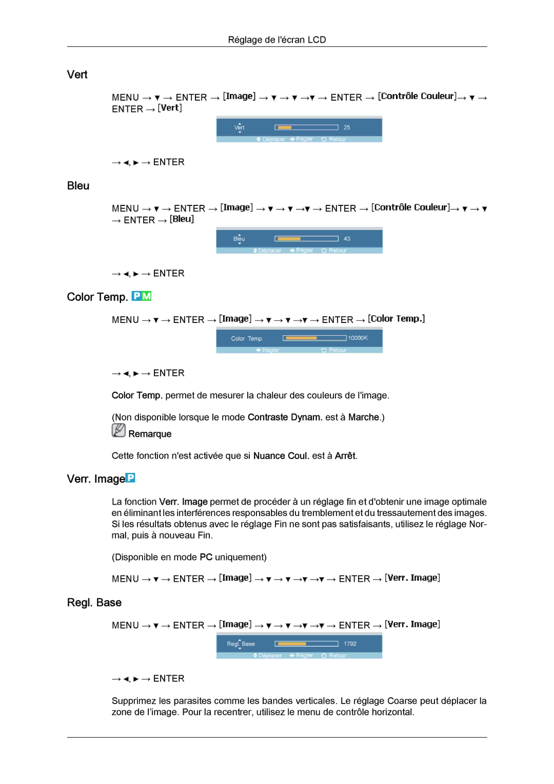 Samsung LH46MVTLBN/EN, LH46MVQLBB/EN, LH46MVULBB/EN, LH46MVPLBB/EN manual Vert, Bleu, Color Temp, Verr. Image, Regl. Base 
