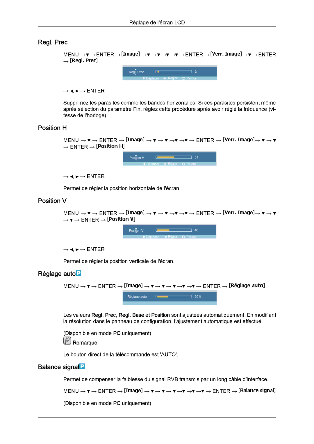 Samsung LH46MVQLBB/EN, LH46MVTLBN/EN, LH46MVULBB/EN, LH46MVPLBB/EN manual Regl. Prec, Position H, Réglage auto, Balance signal 