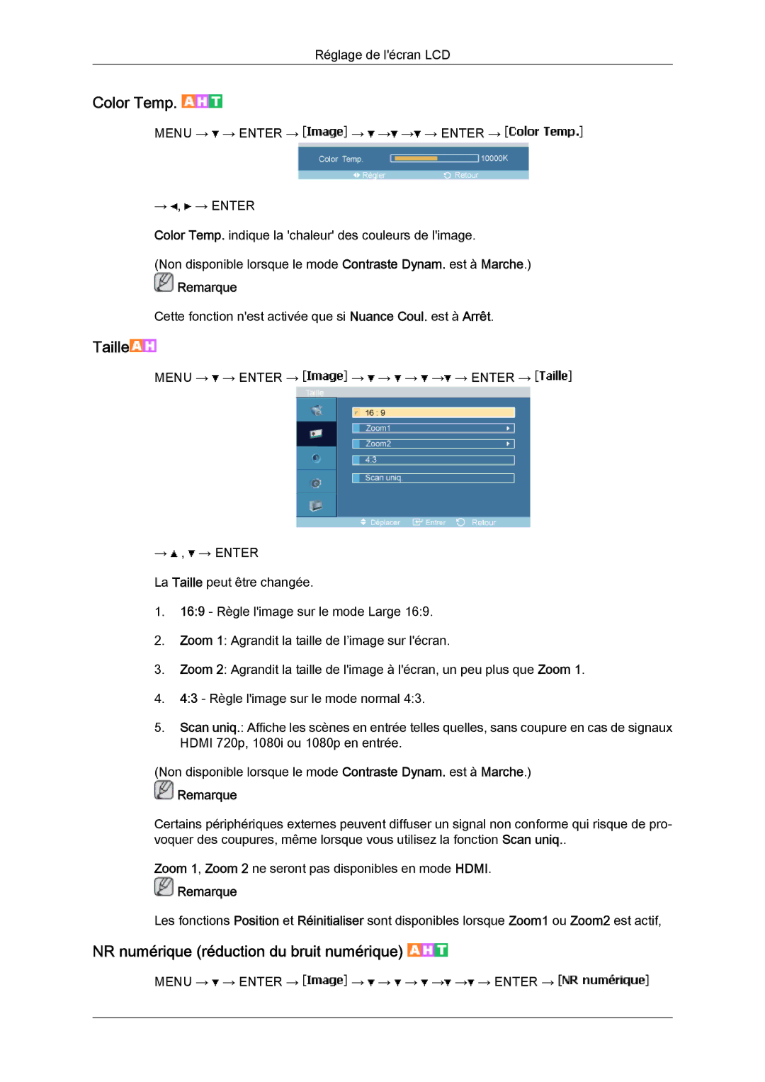 Samsung LH46MVULBB/EN, LH46MVTLBN/EN, LH46MVQLBB/EN, LH46MVPLBB/EN Color Temp, NR numérique réduction du bruit numérique 