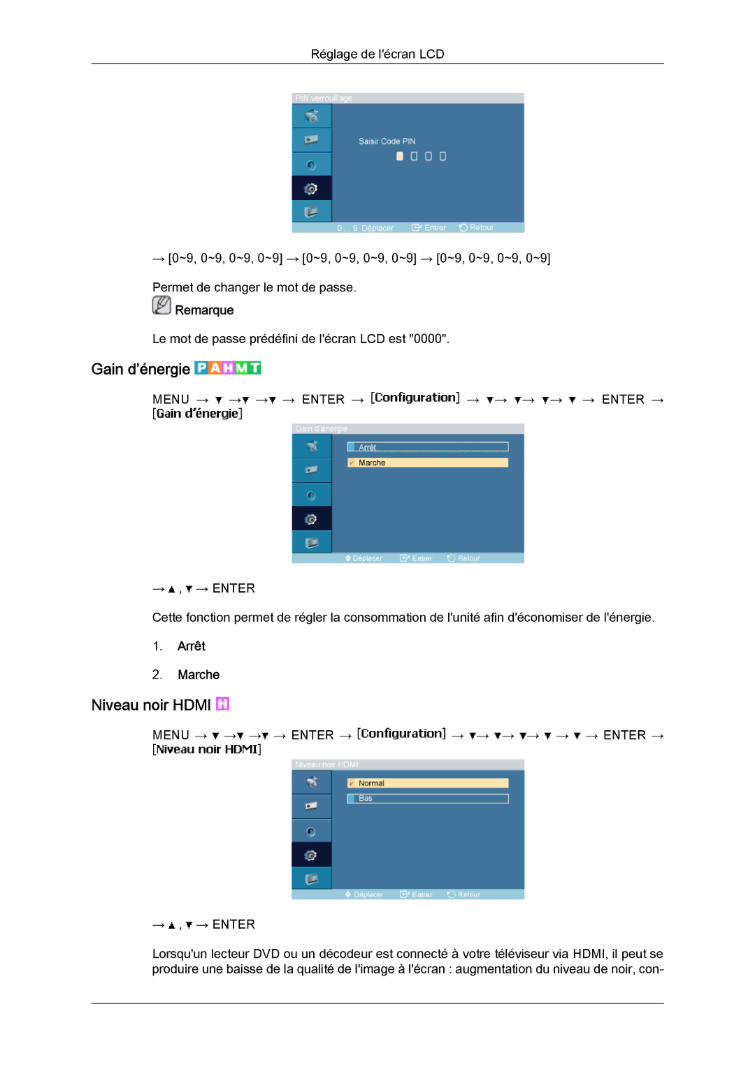 Samsung LH46MVTLBN/EN, LH46MVQLBB/EN, LH46MVULBB/EN, LH46MVPLBB/EN, LH46MVTLBB/EN manual Gain d’énergie, Niveau noir Hdmi 