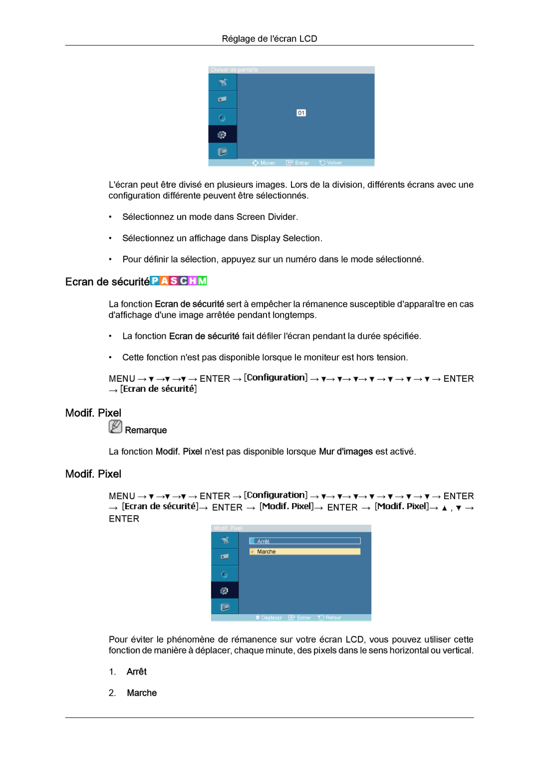 Samsung LH46MVPLBB/EN, LH46MVTLBN/EN, LH46MVQLBB/EN, LH46MVULBB/EN, LH46MVTLBB/EN manual Ecran de sécurité, Modif. Pixel 