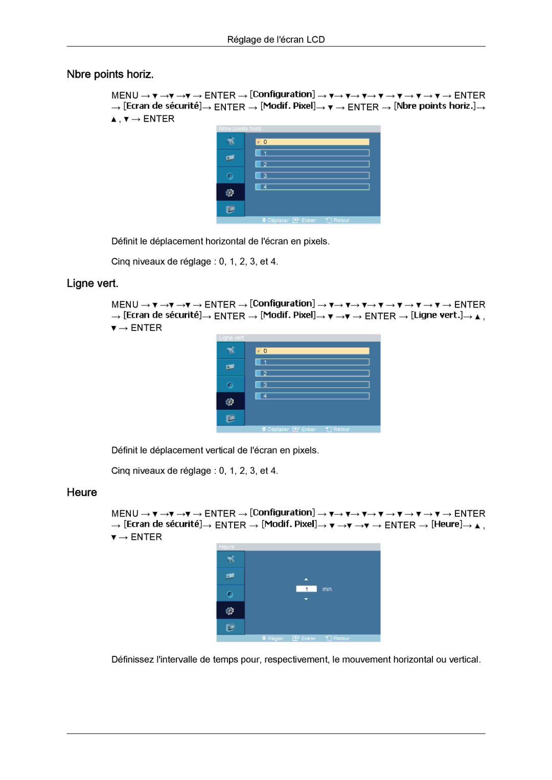 Samsung LH46MVTLBB/EN, LH46MVTLBN/EN, LH46MVQLBB/EN, LH46MVULBB/EN, LH46MVPLBB/EN manual Nbre points horiz, Ligne vert, Heure 