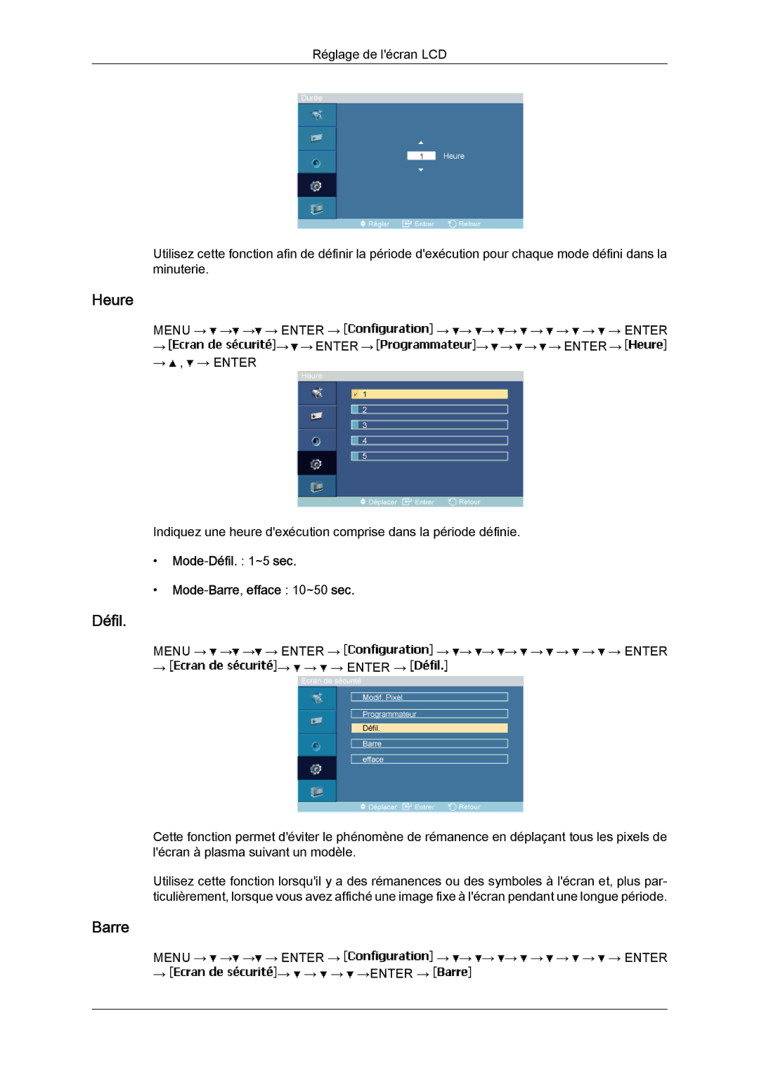 Samsung LH46MVQLBB/EN, LH46MVTLBN/EN, LH46MVULBB/EN, LH46MVPLBB/EN Mode-Défil ~5 sec Mode-Barre,efface 10~50 sec 