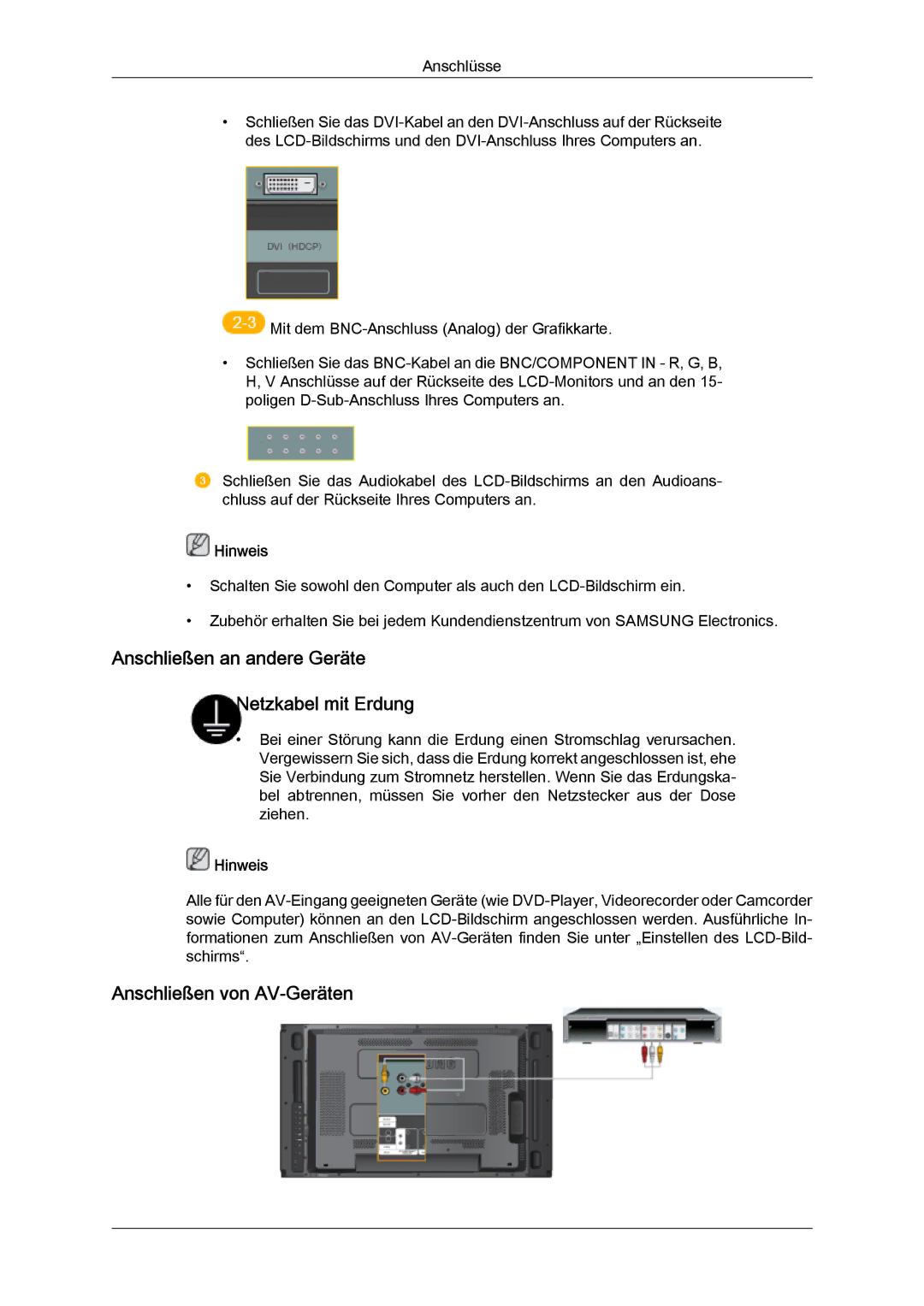 Samsung LH46MVTLBN/EN, LH46MVQLBB/EN manual Anschließen an andere Geräte Netzkabel mit Erdung, Anschließen von AV-Geräten 