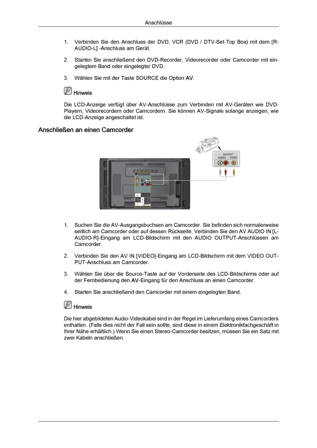 Samsung LH46MVQLBB/EN, LH46MVTLBN/EN, LH46MVULBB/EN, LH46MVPLBB/EN, LH46MVTLBB/EN manual Anschließen an einen Camcorder 