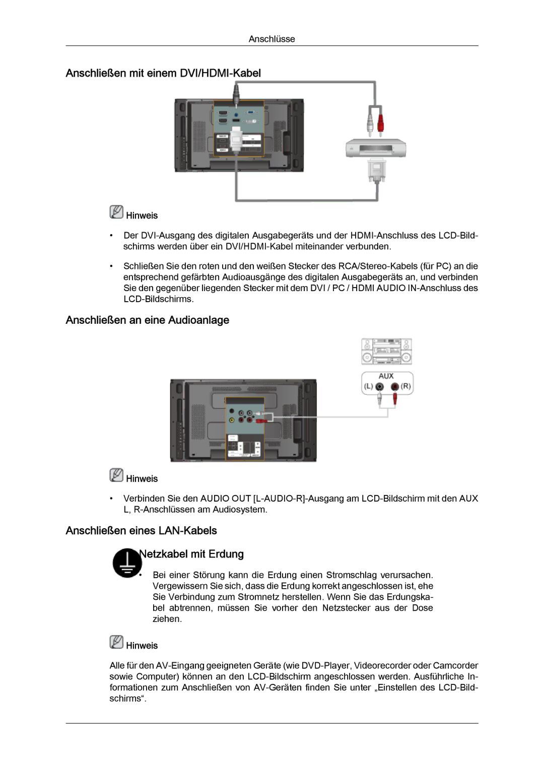 Samsung LH46MVTLBB/EN, LH46MVTLBN/EN, LH46MVQLBB/EN Anschließen mit einem DVI/HDMI-Kabel, Anschließen an eine Audioanlage 