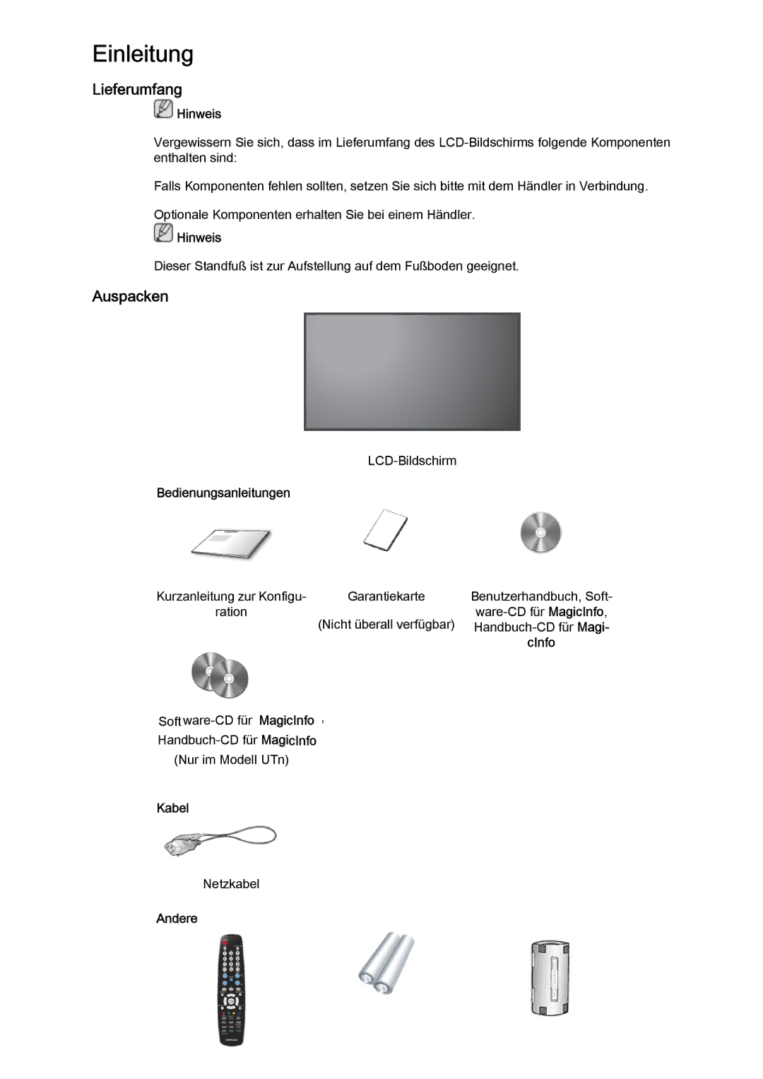 Samsung LH46MVULBB/EN, LH46MVTLBN/EN, LH46MVQLBB/EN, LH46MVPLBB/EN, LH46MVTLBB/EN manual Lieferumfang, Auspacken 