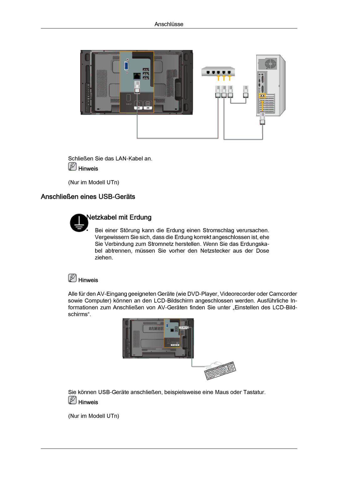 Samsung LH46MVTLBN/EN, LH46MVQLBB/EN, LH46MVULBB/EN, LH46MVPLBB/EN manual Anschließen eines USB-Geräts Netzkabel mit Erdung 