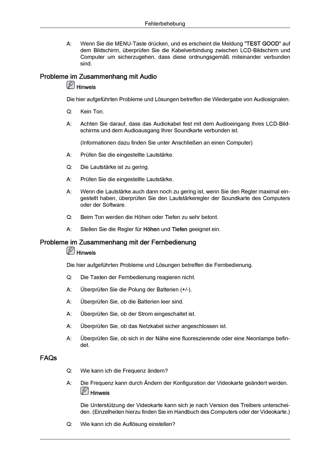 Samsung LH46MVTLBN/EN manual Probleme im Zusammenhang mit Audio, Probleme im Zusammenhang mit der Fernbedienung, FAQs 