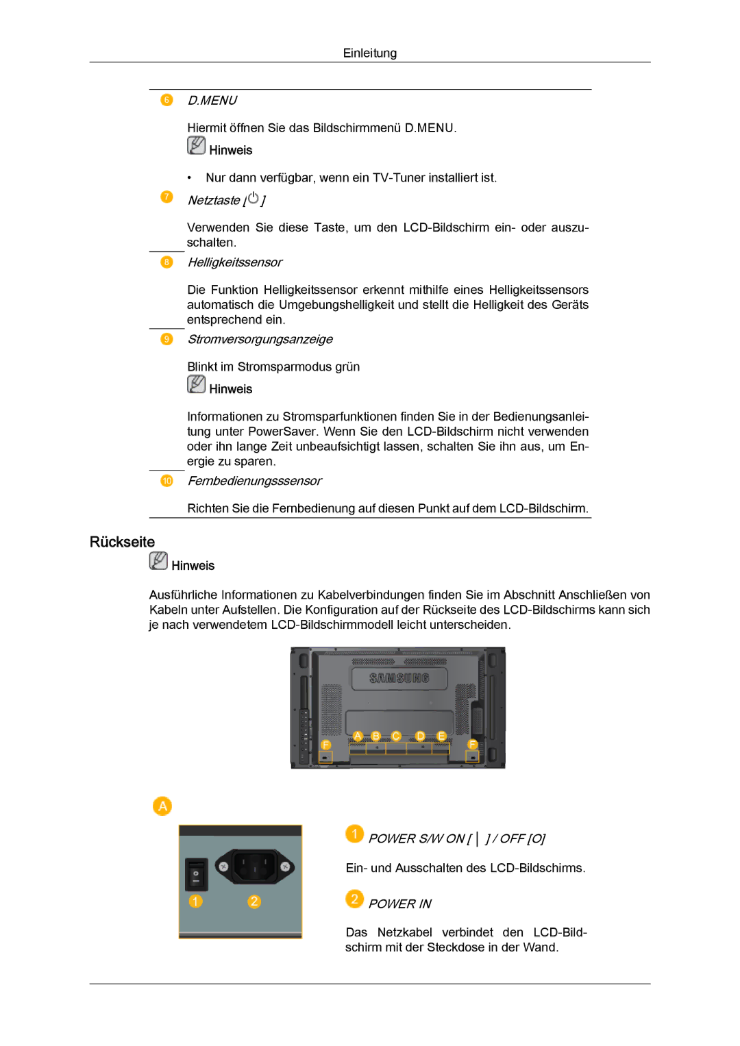 Samsung LH46MVTLBN/EN, LH46MVQLBB/EN, LH46MVULBB/EN, LH46MVPLBB/EN, LH46MVTLBB/EN manual Rückseite, Menu, Power 