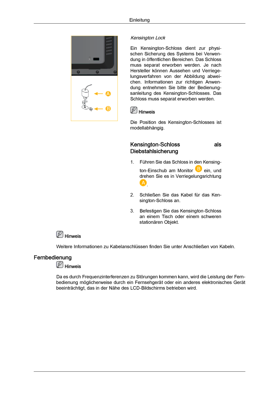 Samsung LH46MVPLBB/EN, LH46MVTLBN/EN, LH46MVQLBB/EN, LH46MVULBB/EN Kensington-Schlossals Diebstahlsicherung, Fernbedienung 