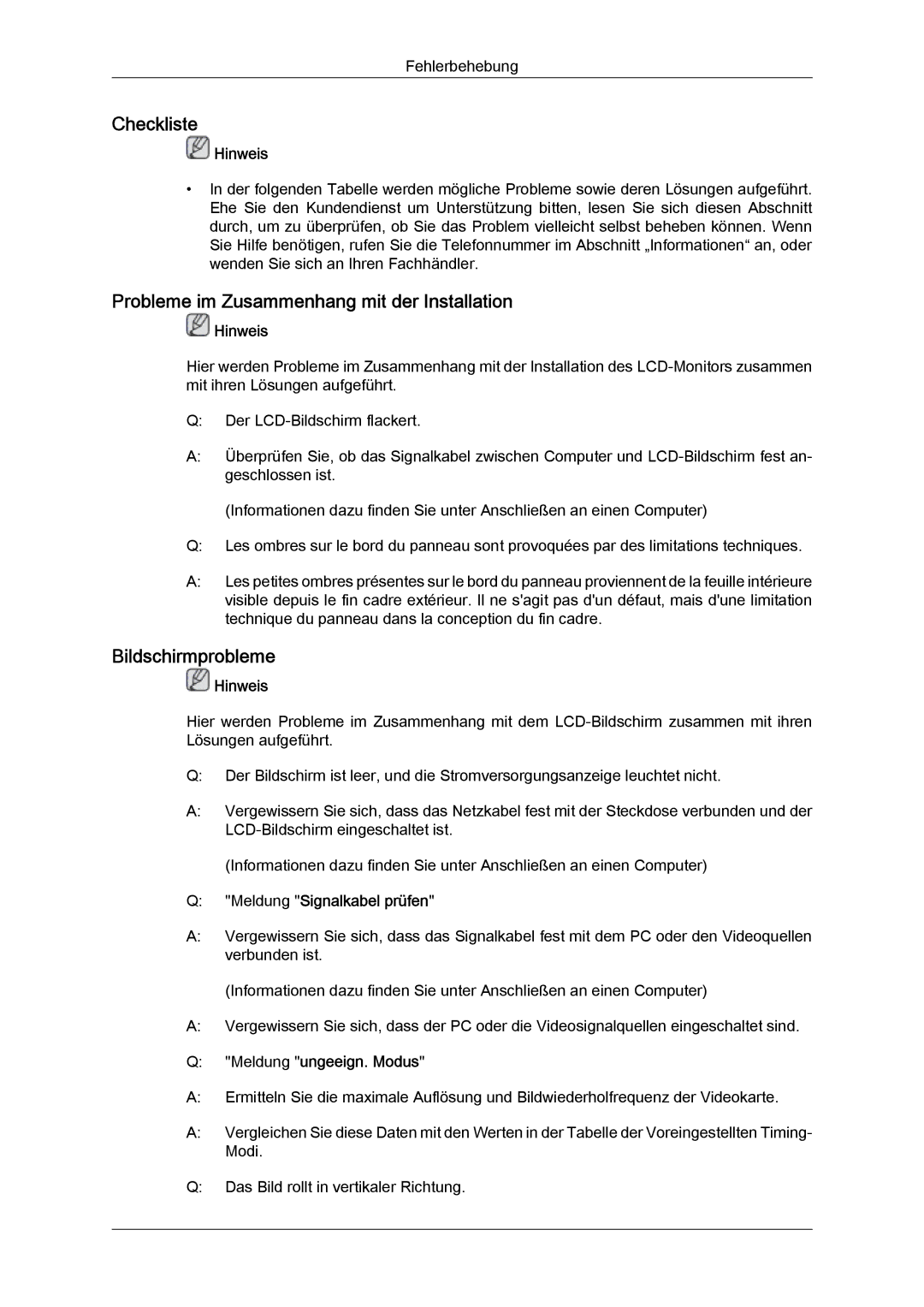 Samsung LH46MVULBB/EN, LH46MVTLBN/EN manual Checkliste, Probleme im Zusammenhang mit der Installation, Bildschirmprobleme 