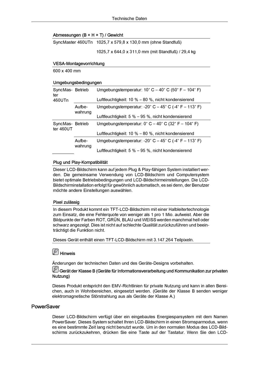 Samsung LH46MVULBB/EN manual PowerSaver, VESA-Montagevorrichtung, Umgebungsbedingungen, Plug und Play-Kompatibilität 