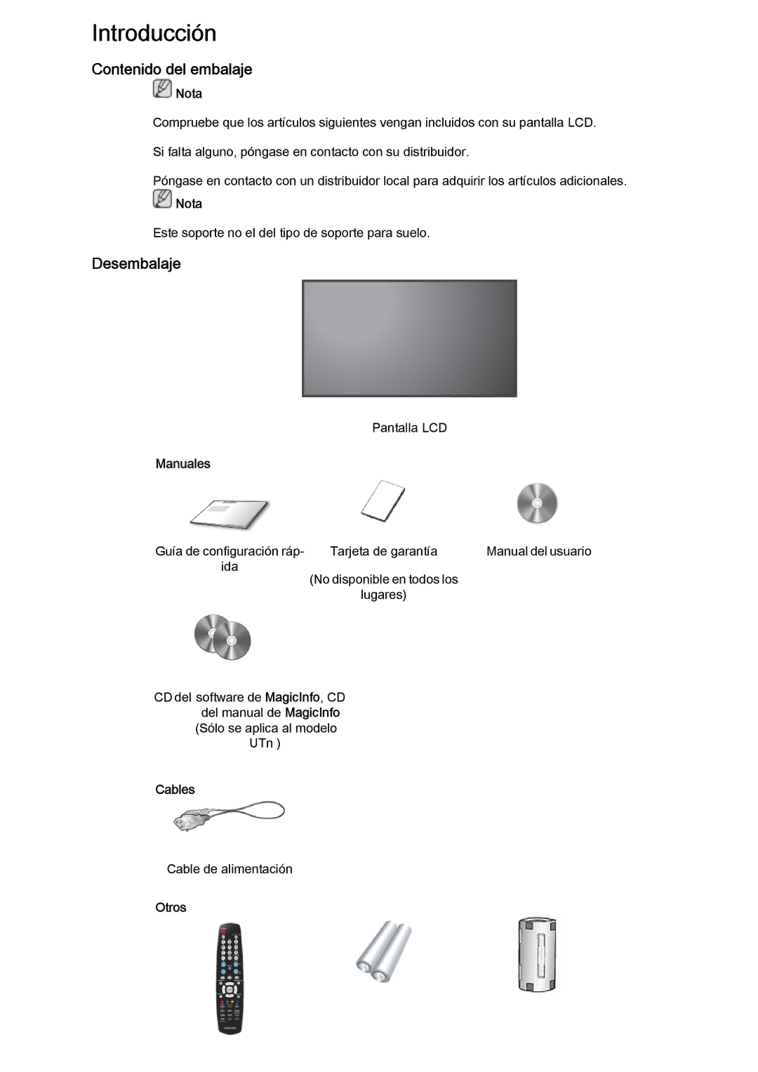 Samsung LH46MVTLBN/EN, LH46MVQLBB/EN, LH46MVULBB/EN manual Contenido del embalaje, Desembalaje, Manuales, Cables, Otros 