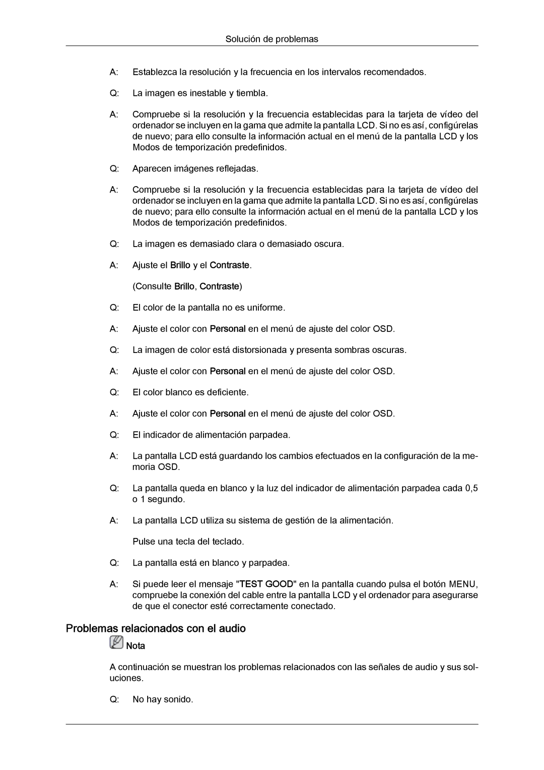 Samsung LH46MVULBB/EN, LH46MVTLBN/EN, LH46MVQLBB/EN manual Problemas relacionados con el audio, Consulte Brillo, Contraste 