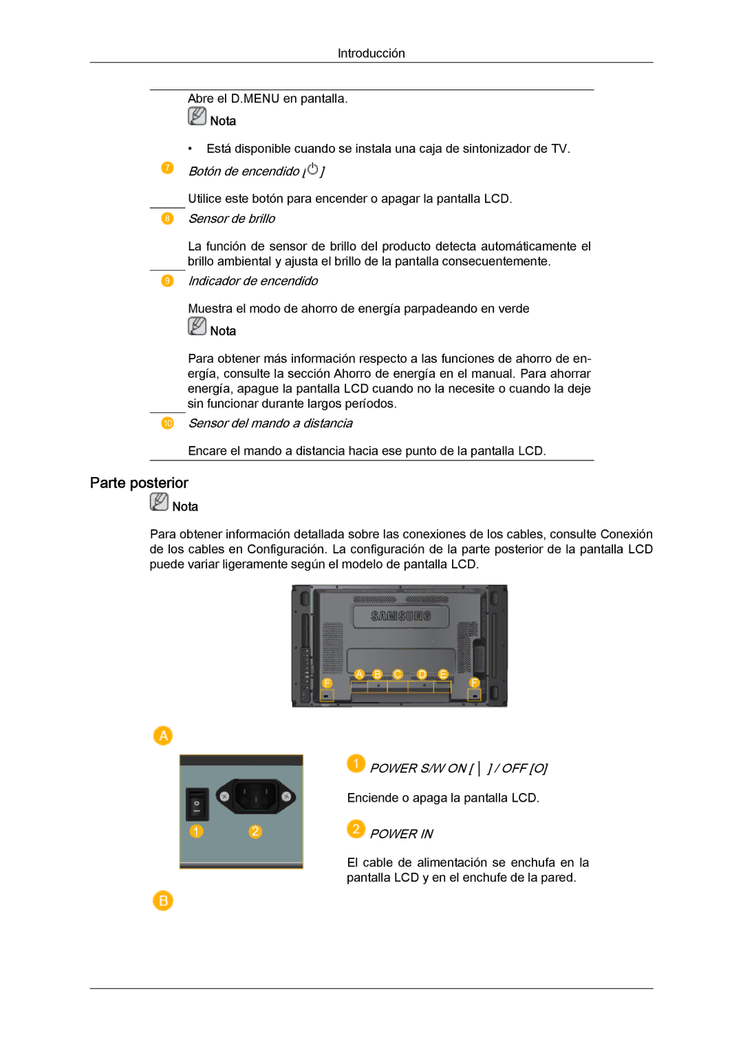 Samsung LH46MVPLBB/EN, LH46MVTLBN/EN, LH46MVQLBB/EN, LH46MVULBB/EN, LH46MVTLBB/EN manual Parte posterior, Sensor de brillo 