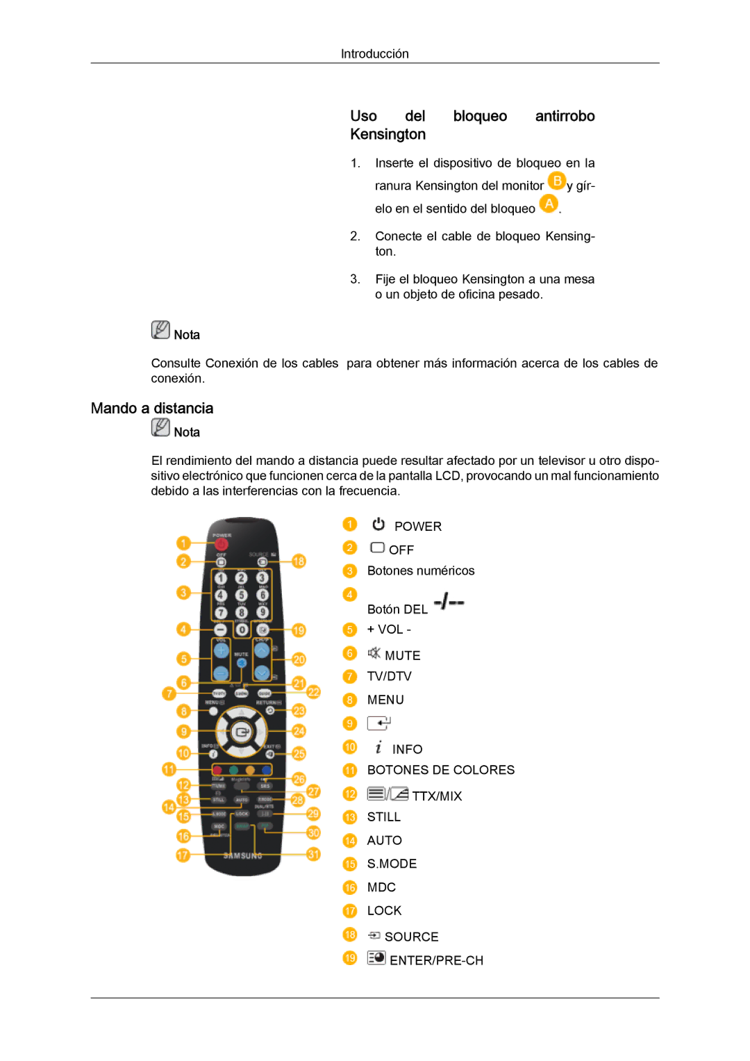 Samsung LH46MVQLBB/EN, LH46MVTLBN/EN, LH46MVULBB/EN, LH46MVPLBB/EN Uso del bloqueo antirrobo Kensington, Mando a distancia 