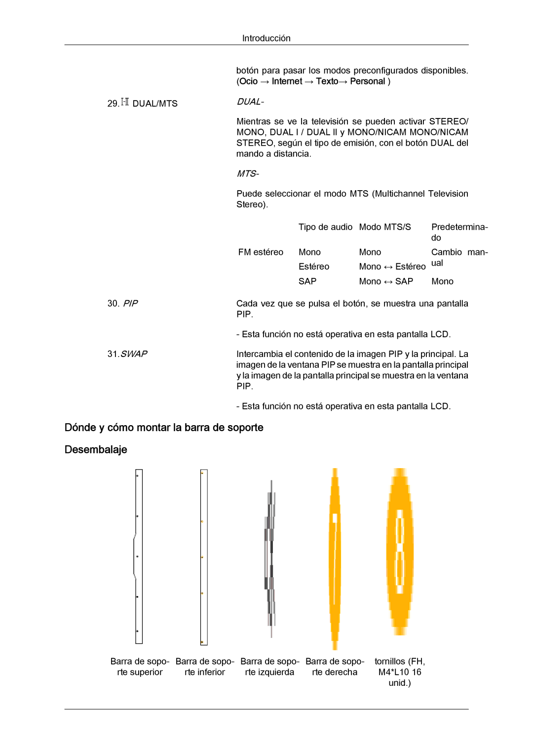 Samsung LH46MVTLBB/EN, LH46MVTLBN/EN, LH46MVQLBB/EN, LH46MVULBB/EN Dónde y cómo montar la barra de soporte Desembalaje, Dual 