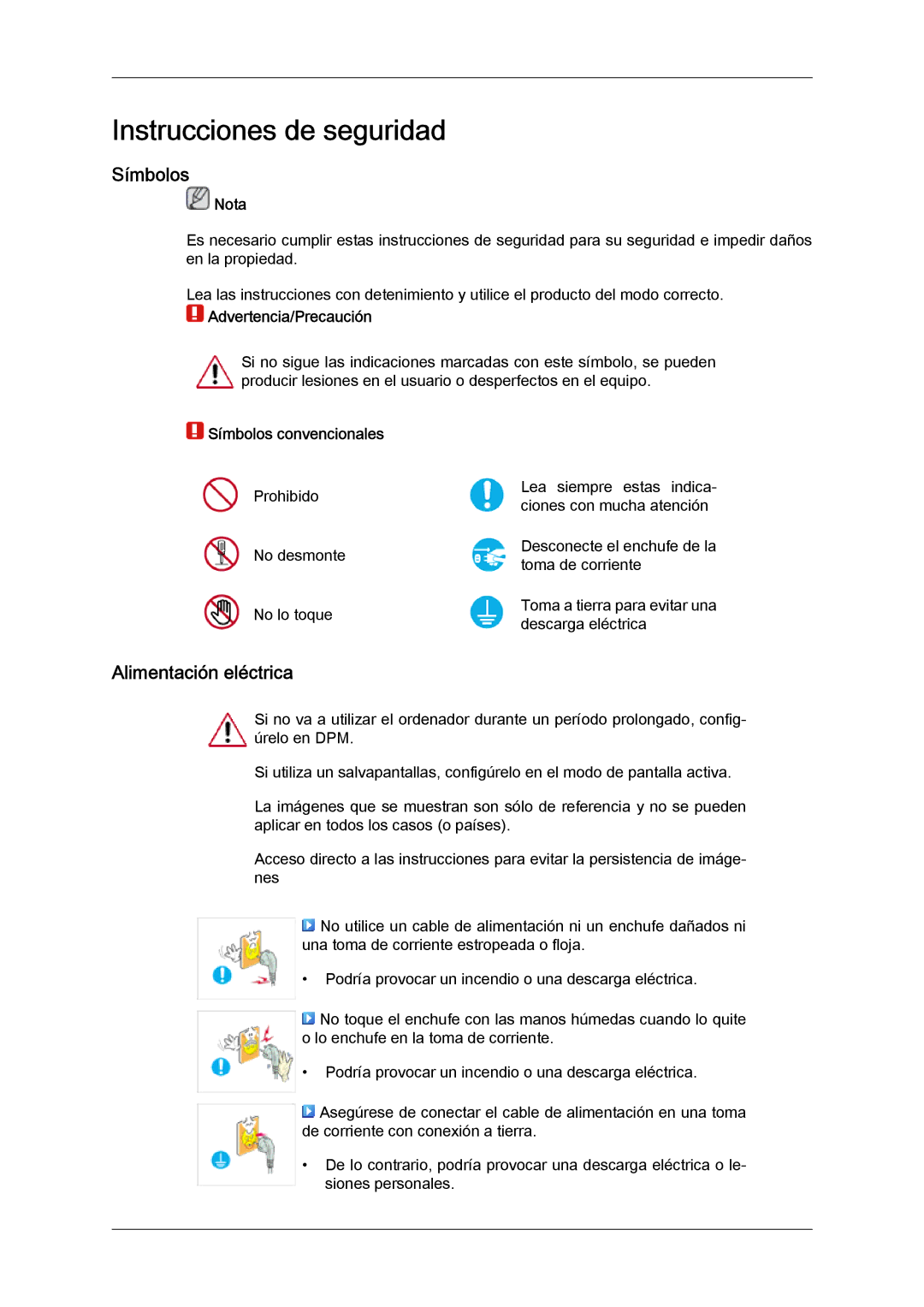 Samsung LH46MVULBB/EN, LH46MVTLBN/EN Alimentación eléctrica, Nota, Advertencia/Precaución, Símbolos convencionales 