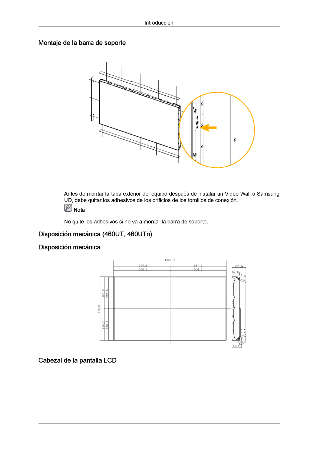 Samsung LH46MVTLBN/EN, LH46MVQLBB/EN, LH46MVULBB/EN, LH46MVPLBB/EN, LH46MVTLBB/EN manual Montaje de la barra de soporte, Nota 