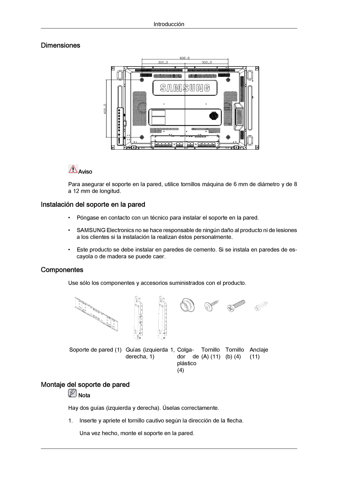 Samsung LH46MVULBB/EN Dimensiones, Instalación del soporte en la pared, Componentes, Montaje del soporte de pared, Aviso 