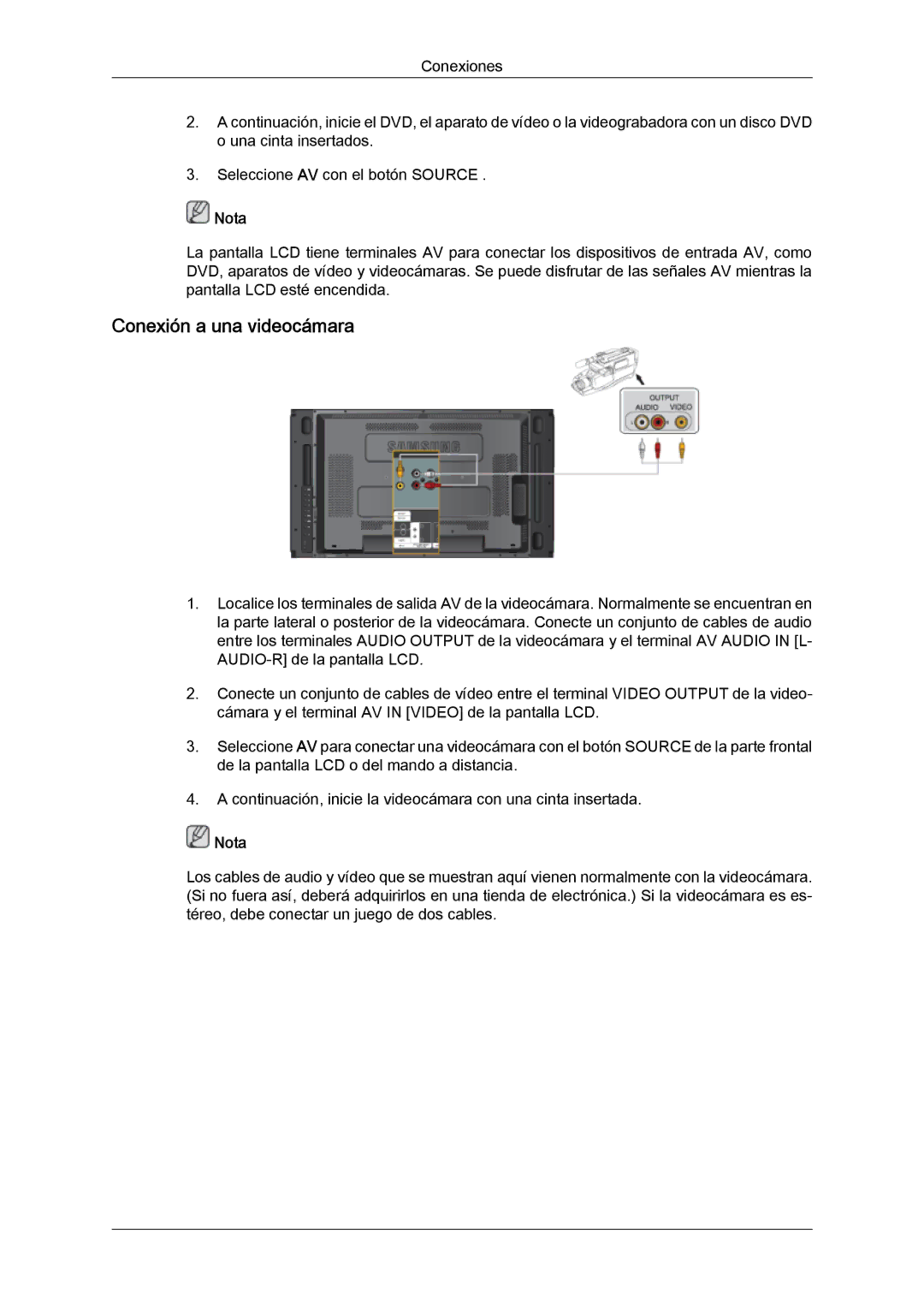 Samsung LH46MVTLBB/EN, LH46MVTLBN/EN, LH46MVQLBB/EN, LH46MVULBB/EN, LH46MVPLBB/EN manual Conexión a una videocámara 