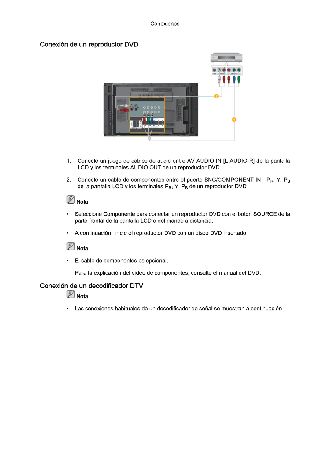 Samsung LH46MVTLBN/EN, LH46MVQLBB/EN, LH46MVULBB/EN manual Conexión de un reproductor DVD, Conexión de un decodificador DTV 