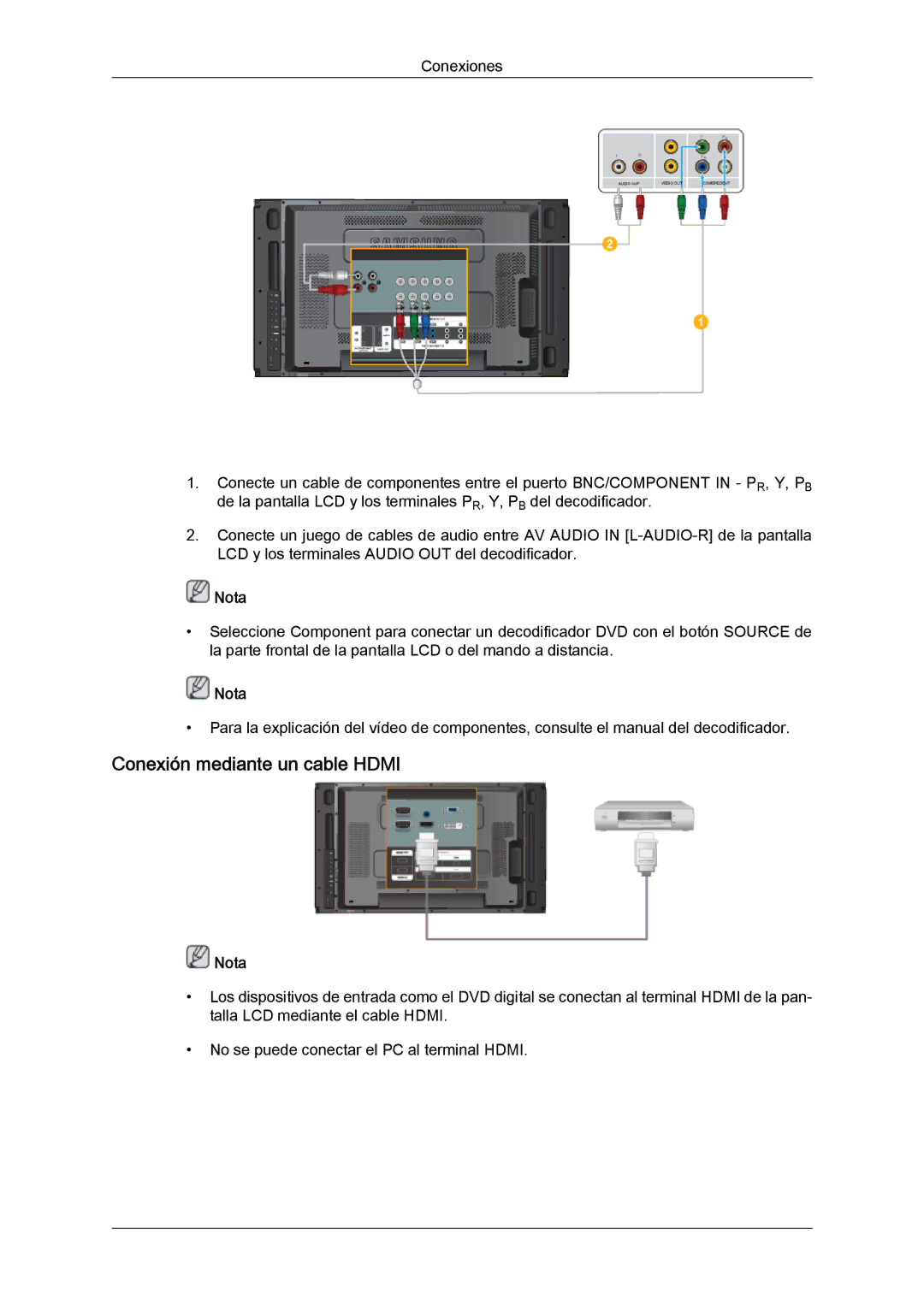 Samsung LH46MVQLBB/EN, LH46MVTLBN/EN, LH46MVULBB/EN, LH46MVPLBB/EN, LH46MVTLBB/EN manual Conexión mediante un cable Hdmi 