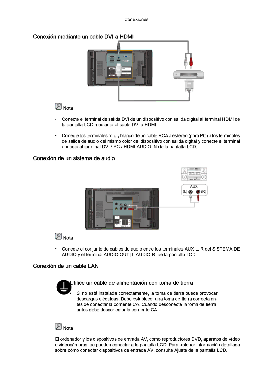 Samsung LH46MVULBB/EN, LH46MVTLBN/EN, LH46MVQLBB/EN Conexión mediante un cable DVI a Hdmi, Conexión de un sistema de audio 