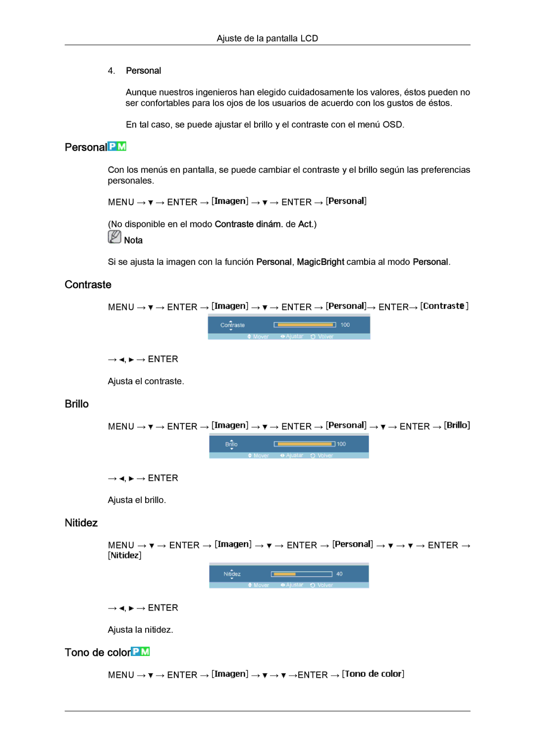 Samsung LH46MVPLBB/EN, LH46MVTLBN/EN, LH46MVQLBB/EN, LH46MVULBB/EN manual Personal, Contraste, Brillo, Nitidez, Tono de color 