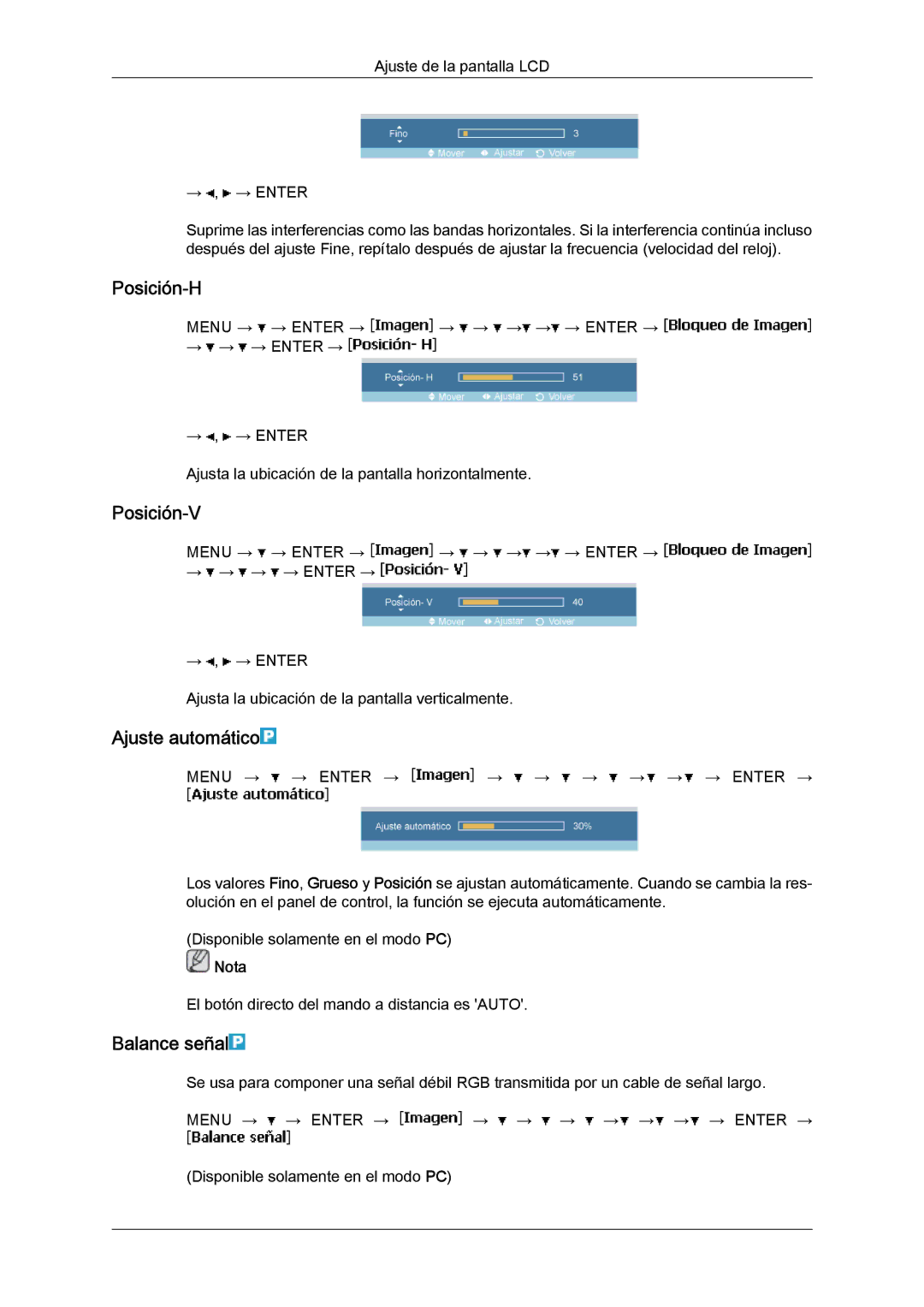 Samsung LH46MVQLBB/EN, LH46MVTLBN/EN, LH46MVULBB/EN, LH46MVPLBB/EN Posición-H, Posición-V, Ajuste automático, Balance señal 