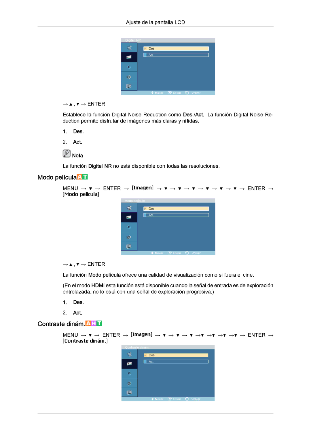 Samsung LH46MVPLBB/EN, LH46MVTLBN/EN, LH46MVQLBB/EN, LH46MVULBB/EN, LH46MVTLBB/EN manual Modo película, Des Act Nota 