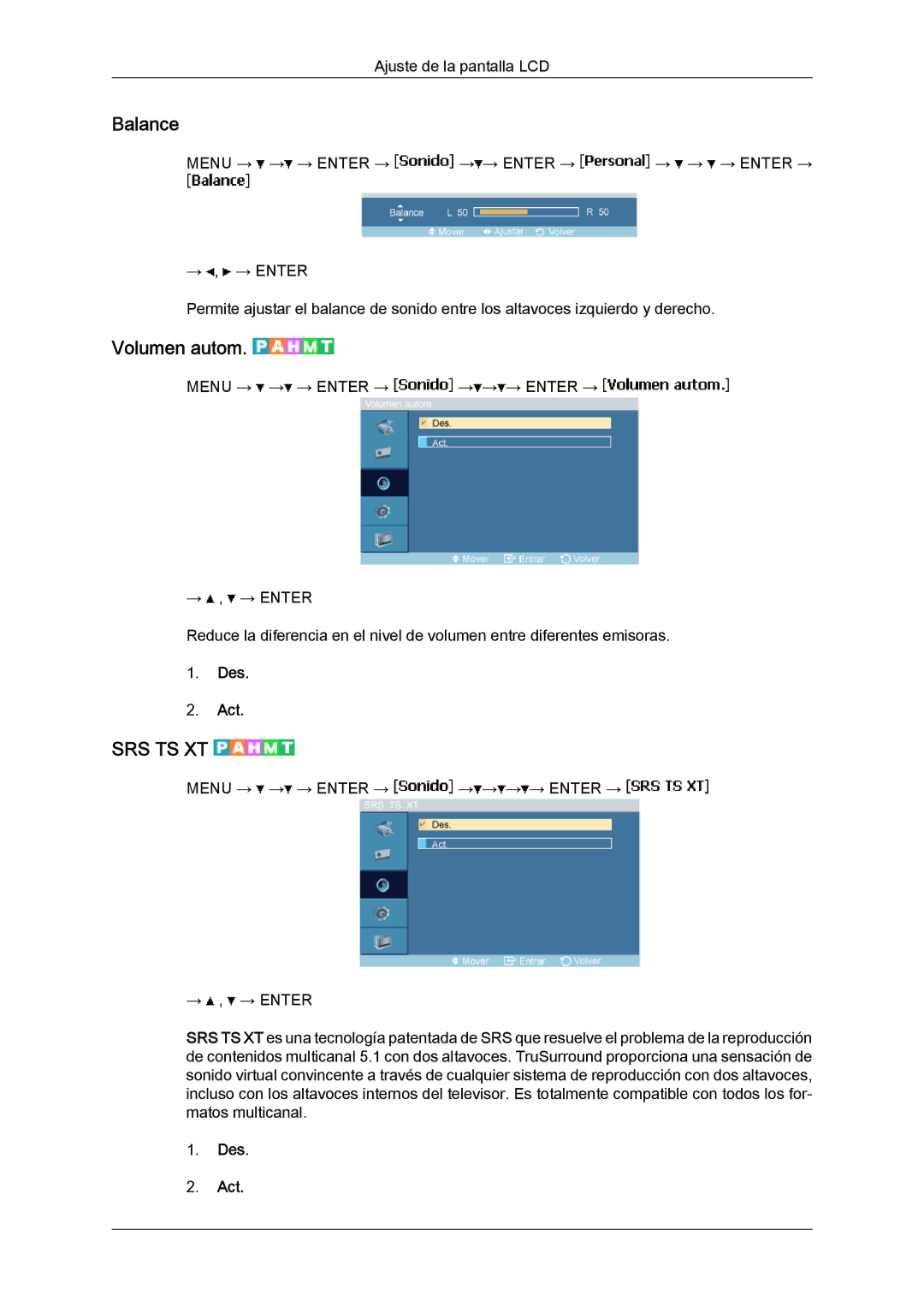 Samsung LH46MVQLBB/EN, LH46MVTLBN/EN, LH46MVULBB/EN, LH46MVPLBB/EN, LH46MVTLBB/EN manual Balance, Volumen autom 