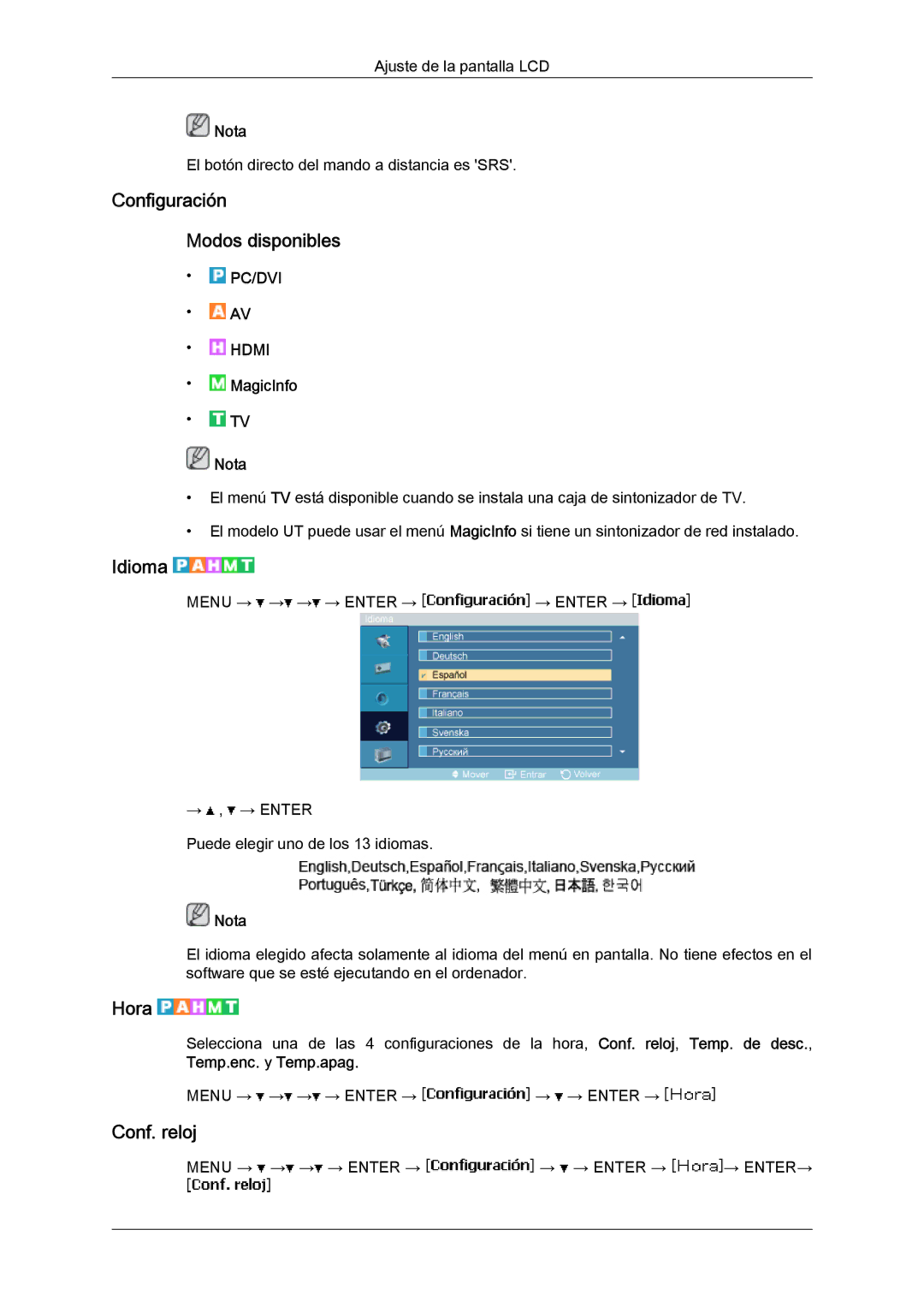 Samsung LH46MVULBB/EN, LH46MVTLBN/EN, LH46MVQLBB/EN manual Configuración Modos disponibles, Idioma, Hora, Conf. reloj 