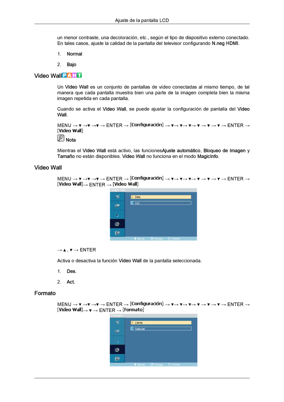 Samsung LH46MVQLBB/EN, LH46MVTLBN/EN, LH46MVULBB/EN, LH46MVPLBB/EN, LH46MVTLBB/EN manual Video Wall, Formato, Normal Bajo 
